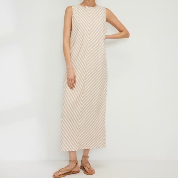 Everlane Dresses & Skirts - Everlane The Linen Bias Cut Dress Size 8 Striped Bone Caramel Ivory Beige Midi